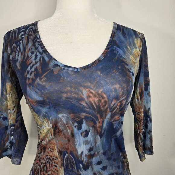 Vintage 90s Y2K Navy Feather Peacock Painting Micro Mesh Sheer Top USA - Picture 6 of 7